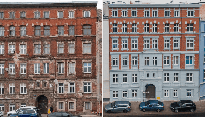 Elewacja kamienicy przy Kurkowej 65 z lewej przed, z prawej po remoncie