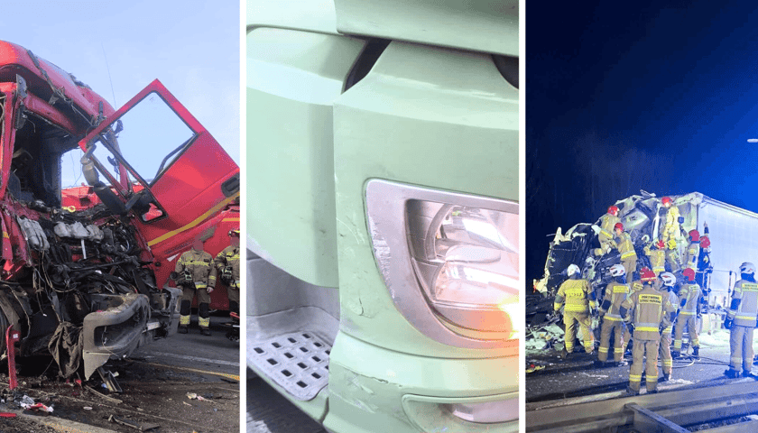 Trzy ciężarówki, które uczestniczyły dziś w trzech wypadkach na A4. Do wszystkich doszło mniej więcej w tym samym miejscu, w niedługim odstępie czasu