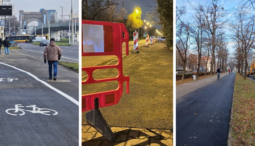 Zdjęcie podzielone na trzy części: z lewej - piesi idący wyremontowanym chodnikiem obok odnowionej ścieżki rowerowej na pl. Społecznym; w środku - barierka słupki odgradzające remontowany chodnik na ul. Skarbowców; z prawej - wyremontowana ścieżka rowerowa na ul. Powstańców Śląskich. 