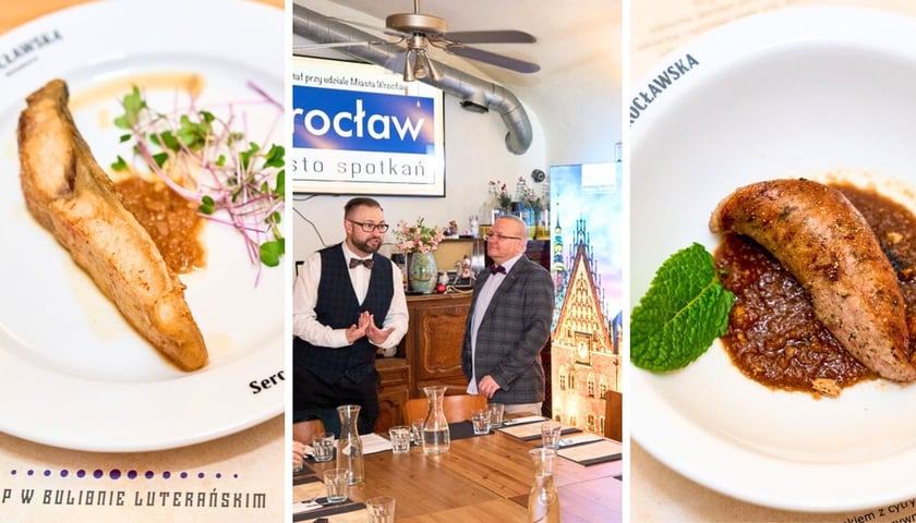 Pierwsze zdjęcia z lewej – karp w bulionie luterańskim, w środku prowadzący warsztaty dr Tomasz Sielicki i dr Grzegorz Sobel, z prawej na zdjęciu potrawa Dumny Henryk