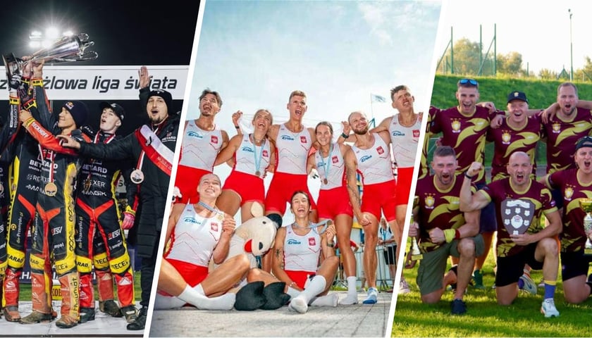 Od lewej: Zawodnicy Betard Sparty Wrocław z brązowym medalem Speedway Ekstraligi za 2025 rok, radość polskich zawodników na MŚ U23 w wioślarstwie na poznańskiej Malcie i radość drużyny Lions Wrocław po zdobyciu tytułu mistrza Polski sezonu 2025 w futbolu australijskim