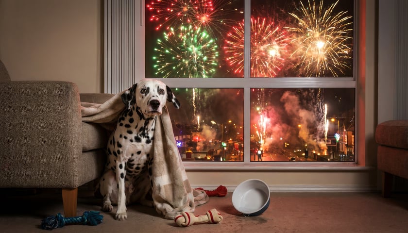 Pies w mieszkaniu przestraszony hukiem petard za oknem