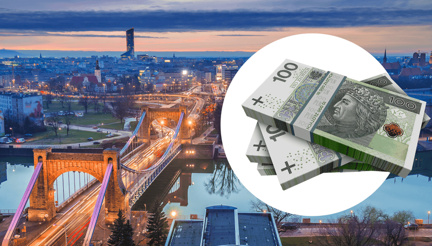 Panorama Wrocławia, most Grunwaldzki, plik banknotów, zdjęcie ilustracyjne 