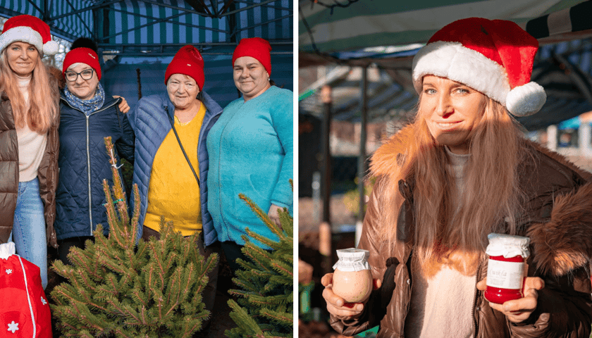 Zestawienie 2 zdjęć. Z lewej: 4 sprzedawczynie z minitargowiska Lotnicza: Joanna Sajdak, Jolanta Tokarska, Jadwiga Kawat i Justyna Ambroży w świątecznych czapkach z czerwonym workiem z podobizną św. mikołaja. Z prawej 1 sprzedawczyni 