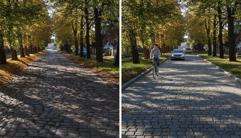 Po lewej stronie ulica Pawia na zdjęciu, po prawej wizualizacja ulicy po remoncie 