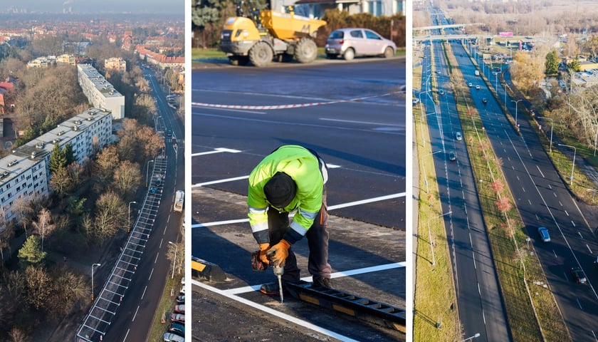 Zdjęcie podzielone na trzy części: od lewej - widok z lotu ptaka na budynki, miejsca parkingowe i jezdnię - odnowiona ul. Baciarellego; robotnik montujący ograniczniki w zatokach parkingowych (na ul. Baciarellego); z prawej - widok z powietrza na odnowioną ul. Krzywoustego.