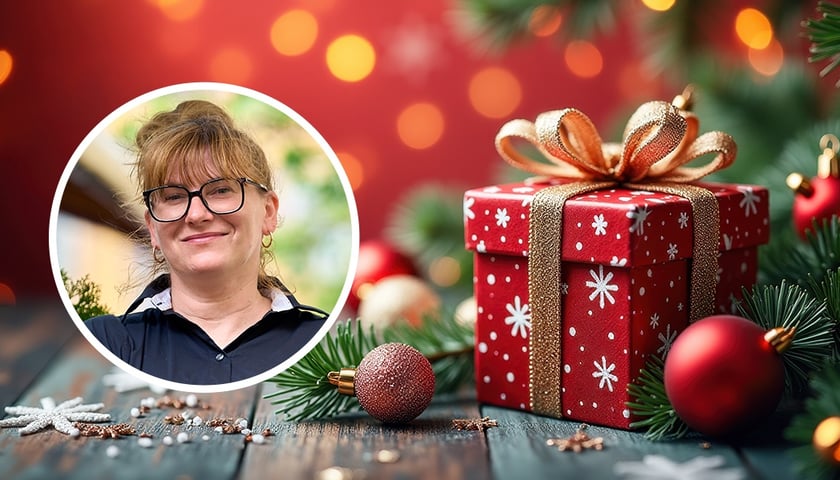 Marta Pankowska, Miejska Rzecznik Praw Konsumenta, w tle grafika z prezentami