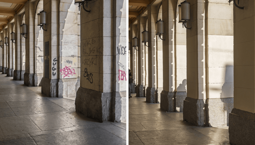 Kolaż 2 zdjęć. Po lewej podcienia zabazgrane gryzmołami, po prawej wyczyszczone i zabezpieczone przed kolejnymi grafitti