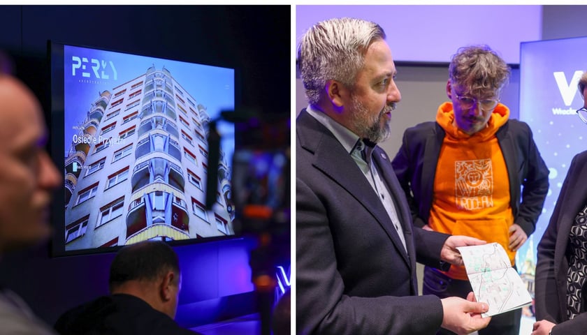 Zdjęcie dzielone na pół: z lewej - widok na zdjęcie z prezentacjo dotyczącej 30 „Pereł Architektury”; z prawej - trzy osoby oglądają mapę-przewodnik „Perły Architektury” - Radosław Michalski (po lewej), Alfred Wagner (w środku) i Magdalena Wankowska (po prawej).
