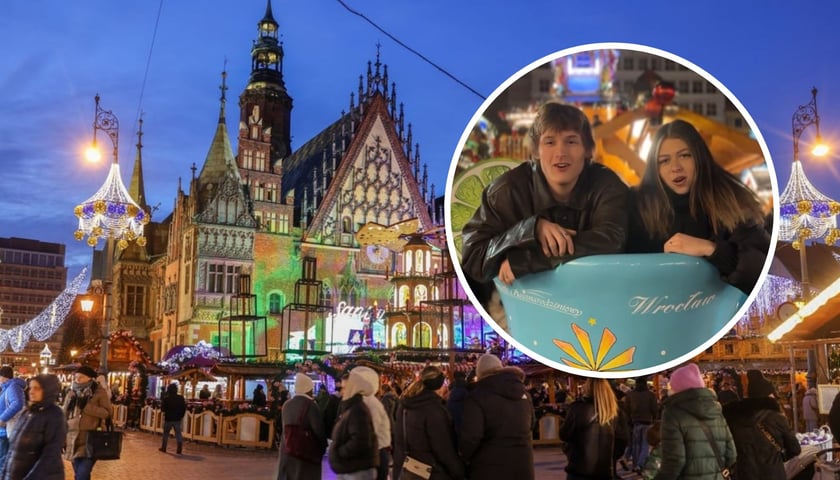 W tle: wrocławski jarmark, w kółku: wokaliści śpiewający kolędę