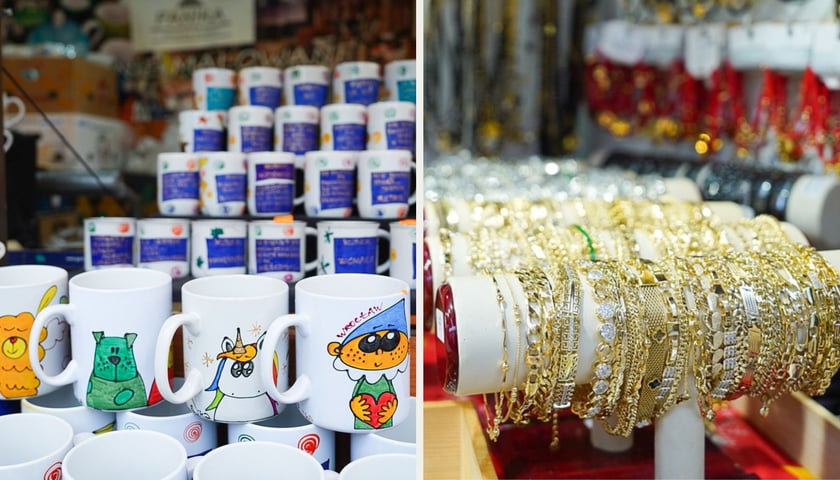 Po lewej: kubki z obrazkami, po prawej: złota biżuteria
