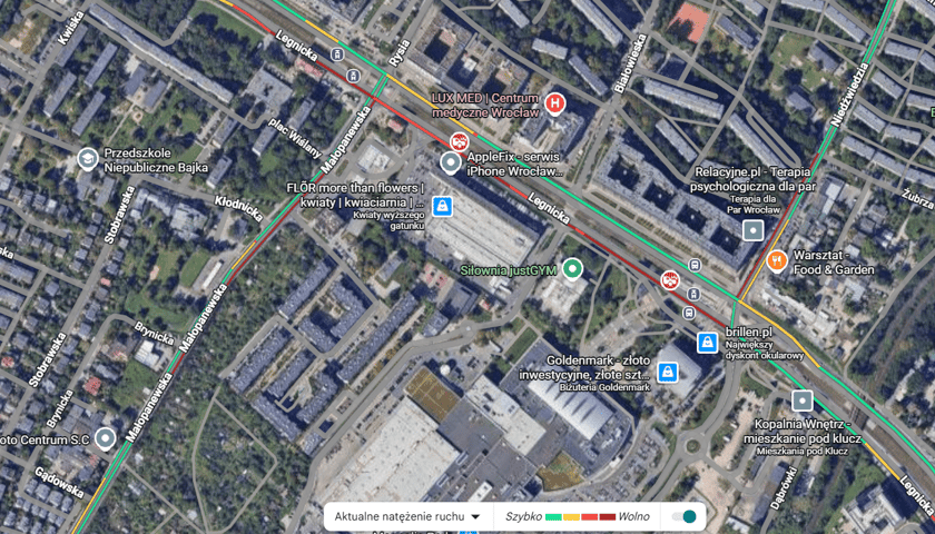 <p>Utrudnienia w ruchu po dw&oacute;ch kolizjach na Legnickiej, mapa. 22.12.2025, stan na godz. 16.00.</p>