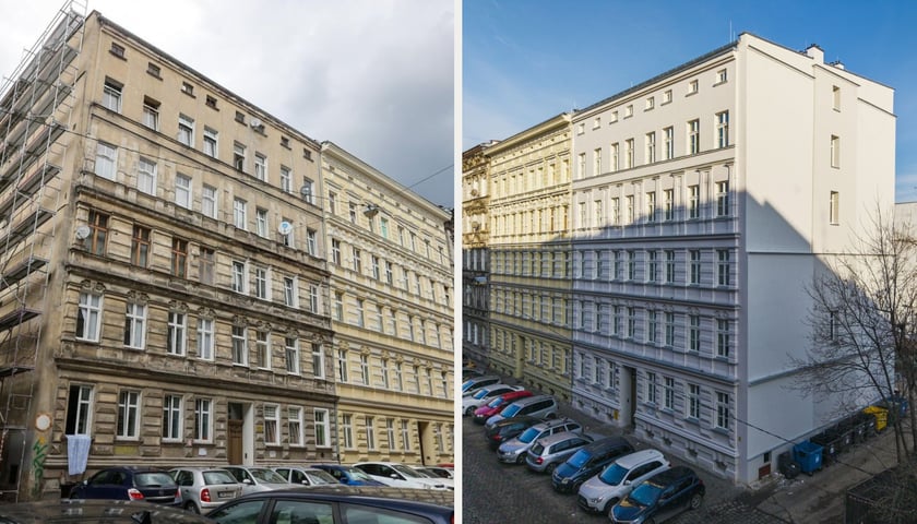 Kamienica Więckowskiego 5 w trakcie i po remoncie elewacji. Widać także wcześniej odnowioną kamienicę 3