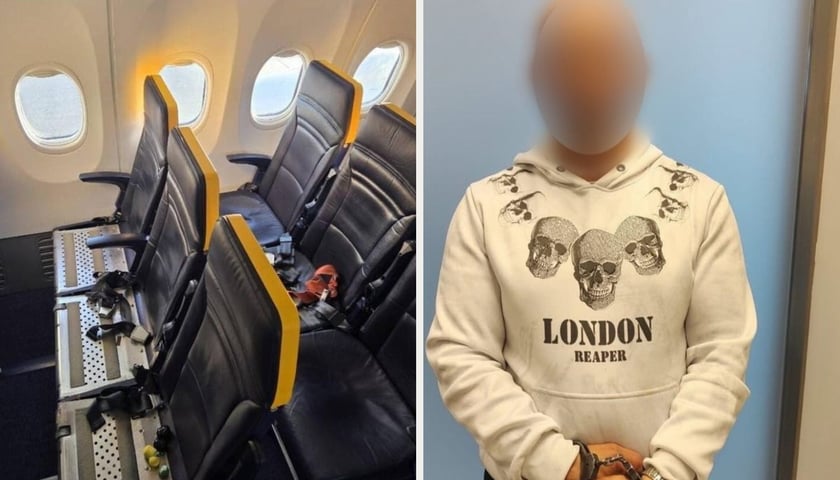 Pokład samolotu, zatrzymany mężczyzna w kajdankach. 45-latek z kokainą zatrzymany na wrocławskim lotnisku