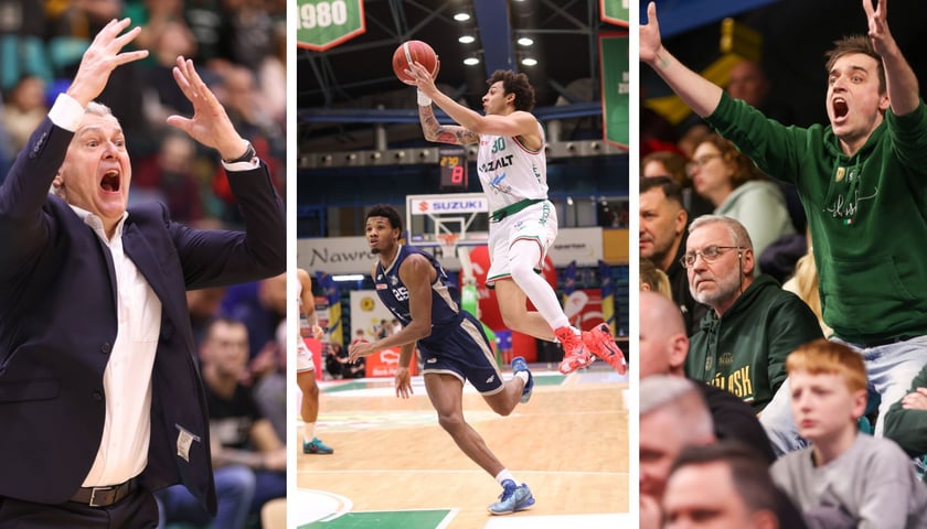 Zdjęcie podzielone na trzy części: od lewej mężczyzna w garniturze krzyczy ze wzniesionymi do góry rękami - trener koszykarzy podczas meczu, w środku - dwóch zawodników na parkiecie - koszykarz Śląska w wyskoku z piłką; po prawej - kibice na trybunie - stojący mężczyzna krzyczy z podniesionymi do góry rękami. 