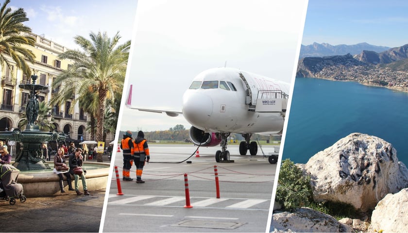 Plac w Barcelonie, samolot na płycie lotniska we Wrocławiu, morze w Alicante