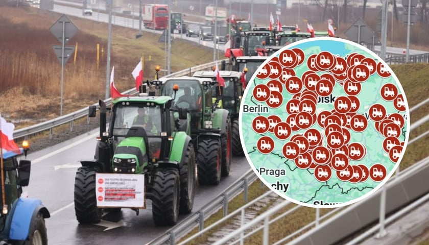 Na zdjęciu traktory jadące ulicami Wrocławia w ramach strajku (zdjęcie archiwalne ilustracyjne). W kółeczku mapa Polski z oznaczeniami punktów, gdzie zaplanowano strajk rolników 30 grudnia 2025 r.