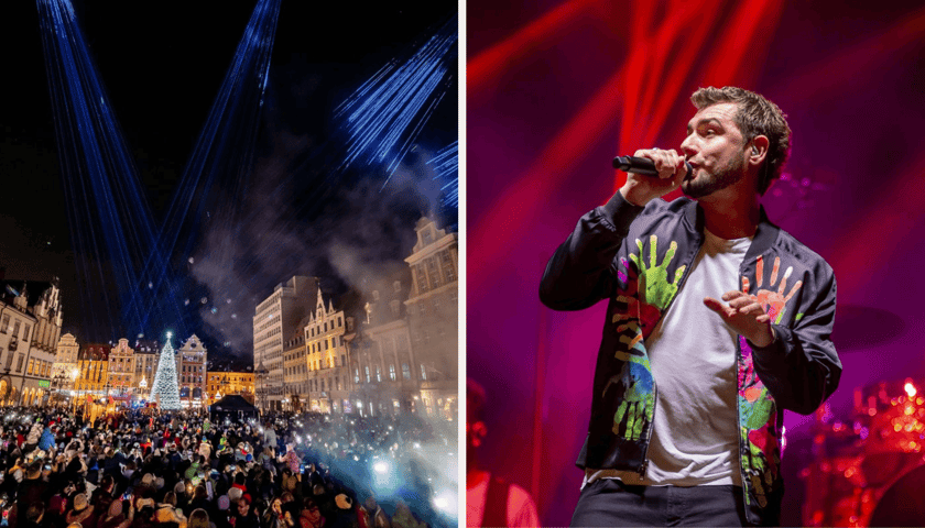 Zestawienie dwóch zdjęć: z lewej "Światełko do nieba" podczas 33. Finału WOŚP we wrocławskim Rynku i publiczność, z prawej Kamil Bednarek