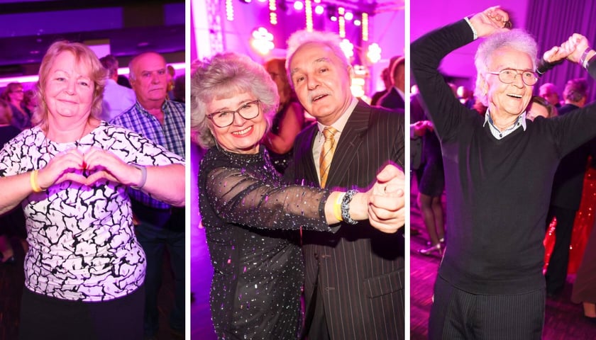 Na trzech zdjęciach tańczący seniorzy-goście Balu Seniora na Tarczyński Arena w niedzielę 28 grudnia