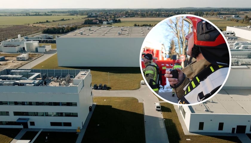 Kolaż dwóch zdjęć - na głównym - widok na zakład produkcyjny z lotu ptaka, na mniejszym okrągłym zdjęciu - strażak w kasku z walkie-talkie - zdjęcia ilustracyjne.