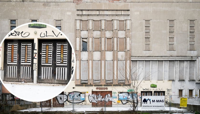 Na dużym zdjęciu obecny widok budynku dawnego Kina „Lwów” przy Hallera 15, na małym zdjęciu drzwi wejściowe 