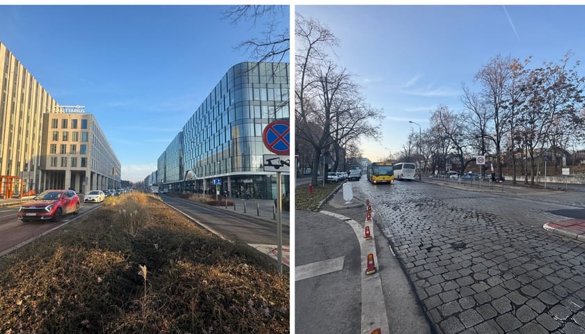 Zdjęcie podzielone na pół: po lewej - widok na ul. Suchą od strony skrzyżowania z ulicą Borowską; po prawej - widok na brukowany fragment ul. Suchej od strony skrzyżowania z Hubską i Dyrekcyjną.