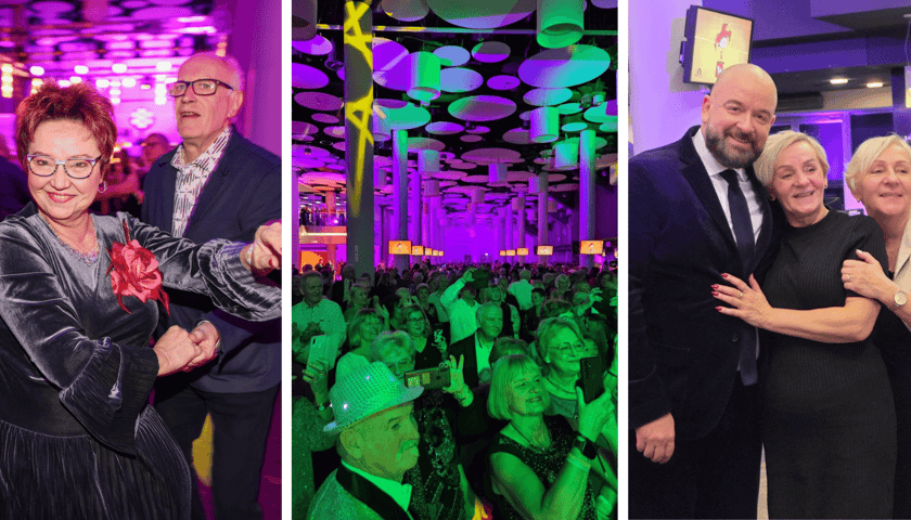 Kolaż 3 zdjęć przedstawiających Bal Seniora Przedsylwestrowy, który odbył się w poniedziałek 29 grudnia na stadionie Tarczyński Arena Wrocław. Na zdjęciach uczestniczy, z prawej pozują z prezydentem Jackiem Sutrykiem