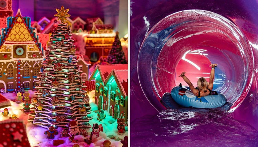 Po lewej: Miasto z Piernika w Kolejkowie, po prawej: kobieta na zjeżdżalni w Aquaparku