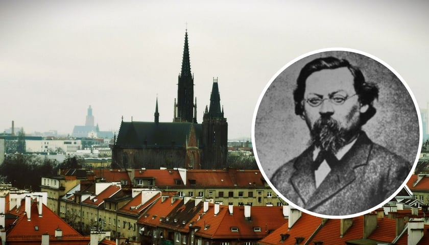 W tle - panorama miasta z widokiem na kościół św. Michała Archanioła na Ołbinie, zaprojektowany przez Alexisa Langera. W kółku Alexis Langer.