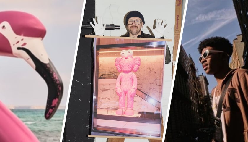 Na środkowym zdjęciu Bartek Sadowski ze swoim plakatem - fotografia z Facebooka Wiktorii Lenart. Zdjęcia po lewej i prawej to prace Bartka Sadowskiego z jego sklepu-galerii internetowej 