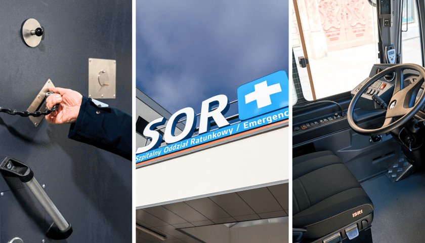 Po lewej: dłoń policjanta na łańcuchu zabezpieczającym drzwi, w środku napis SOR nad wejściem do szpitala, po prawej, wnętrze kabiny kierowcy autobusu