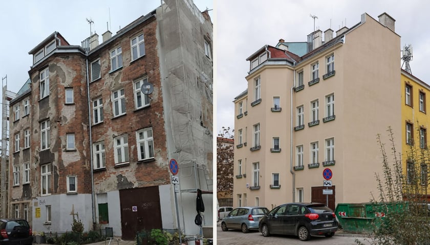 Metamorfoza oficyny kamienicy przy ul. Komuny Paryskiej 84a - z lewej zdjęcie przed remontem, z prawej po