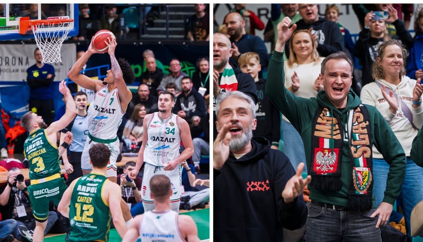 Zdjęcie dzielone na pół: z lewej - kilku zawodników w wyskoku pod koszem - spotkanie Śląsk Wrocław - Zastal Zielona Góra; po prawej mężczyzna na trybunie z podniesioną w górę ręką z szalikiem Śląska Wrocław - kibice cieszą się z wygranego meczu.
