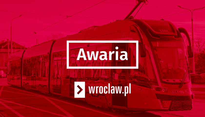 Czerwona plansza z tramwajem w Tle i białym napisem "Awaria"