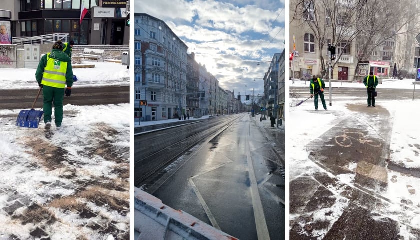 Zdjęcie podzielone na trzy segmenty: z lewej pracownik podczas odśnieżania chodnika; w środku widok z kabiny pługa na odśnieżoną ulicę; z prawej - dwóch pracowników podczas odśnieżania ścieżki rowerowej.