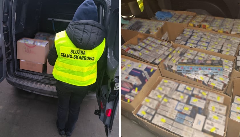 Papierosy bez akcyzy zabezpieczone przez Krajową Administrację Skarbową na jednym z wrocławskich targowisk, kolaż dwóch zdjęć.