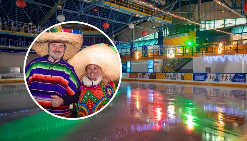W tle - lodowisko Orbita przy ul. Wejherowskiej w karnawałowym oświetleniu. W kółku - kobieta i mężczyzna w meksykańskich strojach.