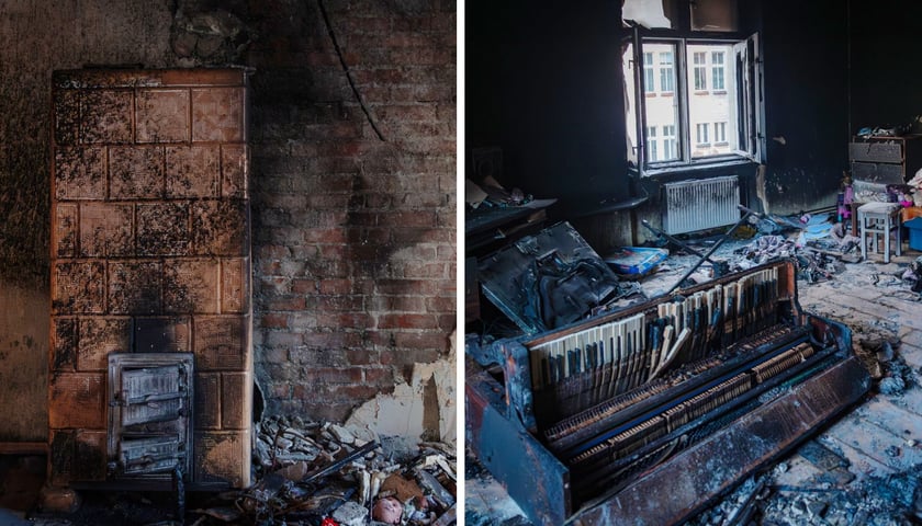 Zdjęcie dzielone na pół: po lewej - spalony piec i część ściany w mieszkaniu po pożarze; po prawej - spalone pianino i wnętrze mieszkania - pożar mieszkania w kamienicy na ul. Drzewnej.