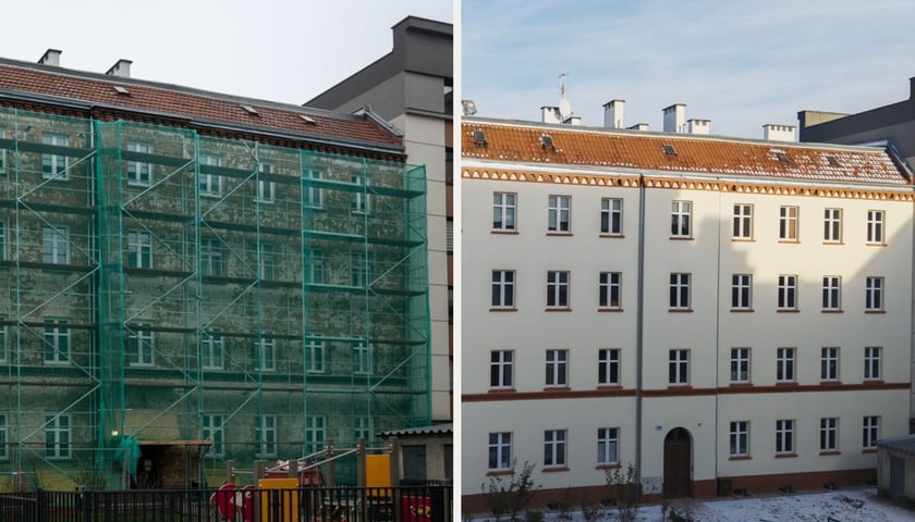 Na lewym zdjęciu kamienica o adresie Prądzyńskiego 20A w trakcie remontu, na prawym zdjęciu po remoncie 
