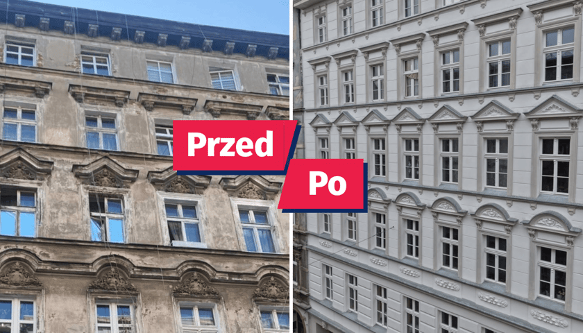Po lewej: Więckowskiego 21 przed remontem, po prawej, ta sama kamienica po remoncie