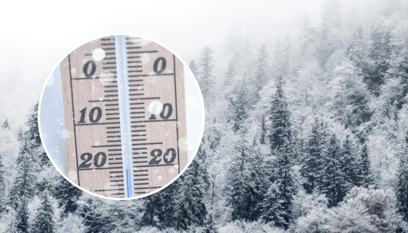 Zdjęcie ilustracyjne: Karkonosze zimą, w kółku termometr wskazujący temperaturę ok. 20 stopni poniżej zera