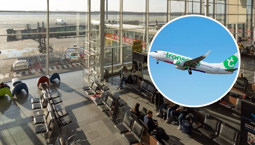 Zdjęcie poczekalni w terminalu lotniska we Wrocławiu z nałożonym okrągłym zdjęciem samolotu w barwach linii Transavia France.
