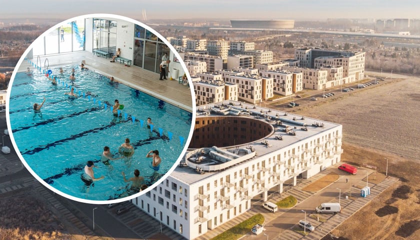 W tle osiedle Nowe Żerniki - widok z drona. W kółku: basen w aquaparku na Brochowie. Zdjęcia ilustracyjne