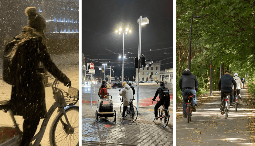 Kolaż 3 zdjęć przedstawiających rowerzystów we Wrocławiu o różnych porach roku