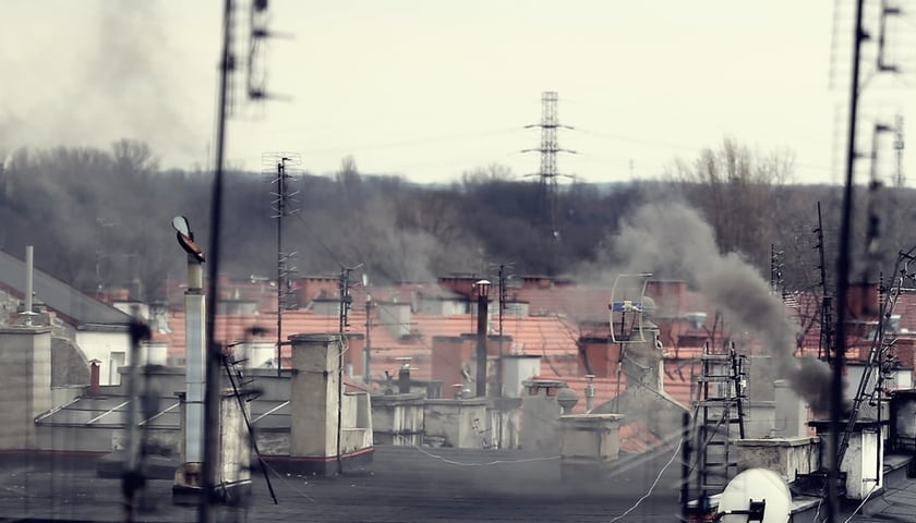 Na zdjęciu widać dachy budynków i kominy, z których leci dym. Zdjęcie ilustracyjne