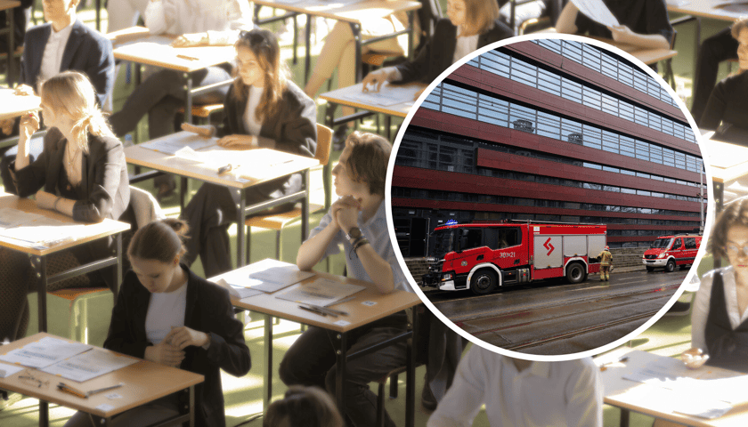 Zdjęcie ilustracyjne - uczniowie podczas matury, w kółku straż pożarna pędzi przez miasto