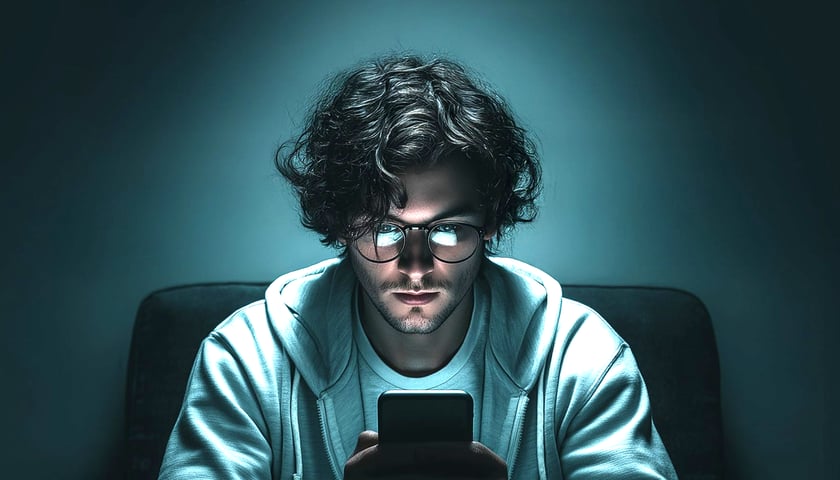 Chłopiec w okularach patrzy na ekran smartfona. Kampania przeciwko fonoholizmowi.