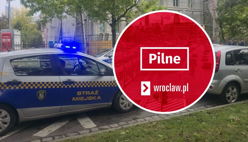 Radiowóz Straży Miejskiej Wrocławia, napis pilne na czerwonym tle, zdjęcie ilustracyjne