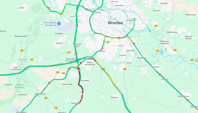 Na czerwono korek na DK8 Kobierzyce - Wrocław