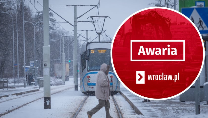 W tle: pasażerowie na przystanku tramwajowym zimą, z tyłu tramwaj, zdjęcie ilustracyjne. W kółku: czerwona plansza z napisem "awaria", grafika ilustracyjna